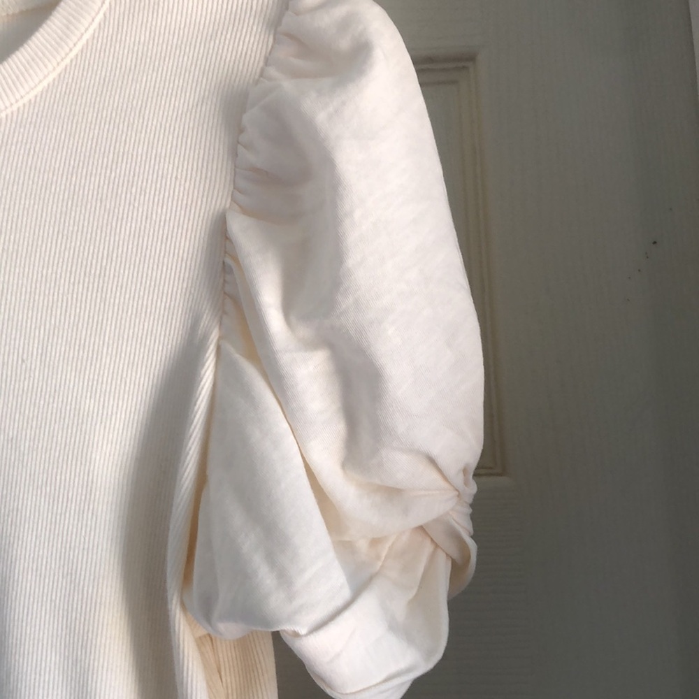 NWT Vince Camuto Puff Sleeve Top Bone Short Sleeve New Ribbed Size Large L New - Picture 2 of 8